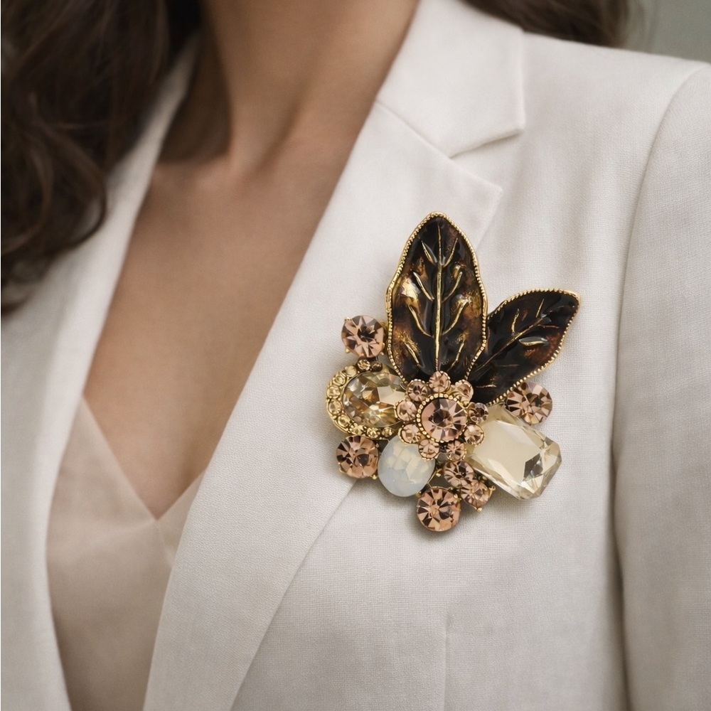 Avangarde Amber Brown Floral Crystal Brooch
